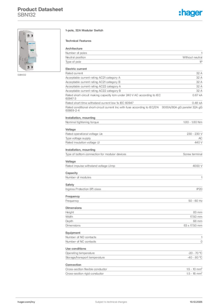 Image Hager Product data sheet SBN132  | Hager
