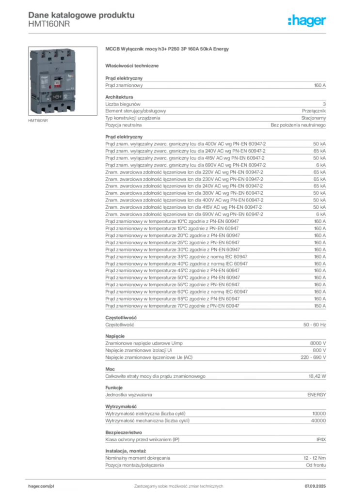 Zdjęcie Hager Dane katalogowe produktu HMT160NR | Hager Polska