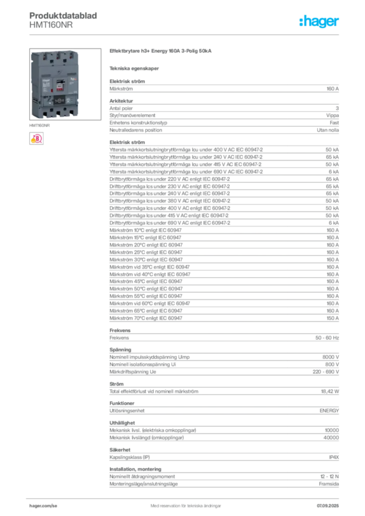 Bild Hager Produktdatablad HMT160NR | Hager Sverige