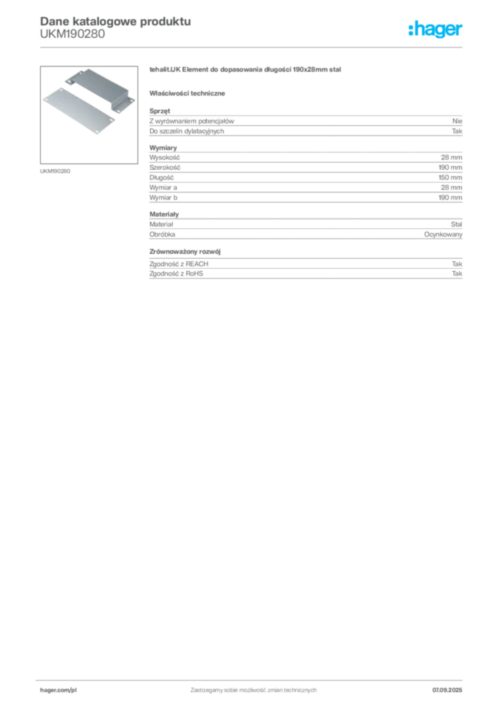 Zdjęcie Hager Dane katalogowe produktu UKM190280 | Hager Polska