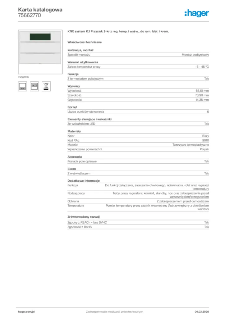 Zdjęcie Hager Karta katalogowa 75662770 | Hager Polska