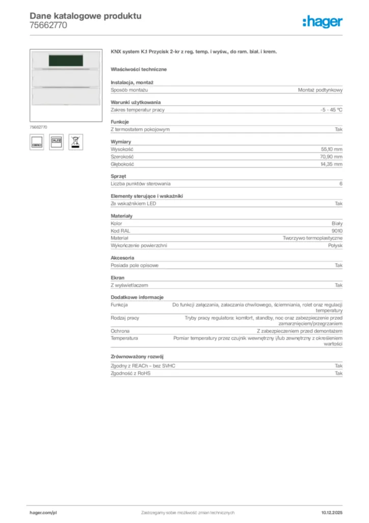 Zdjęcie Hager Dane katalogowe produktu 75662770 | Hager Polska