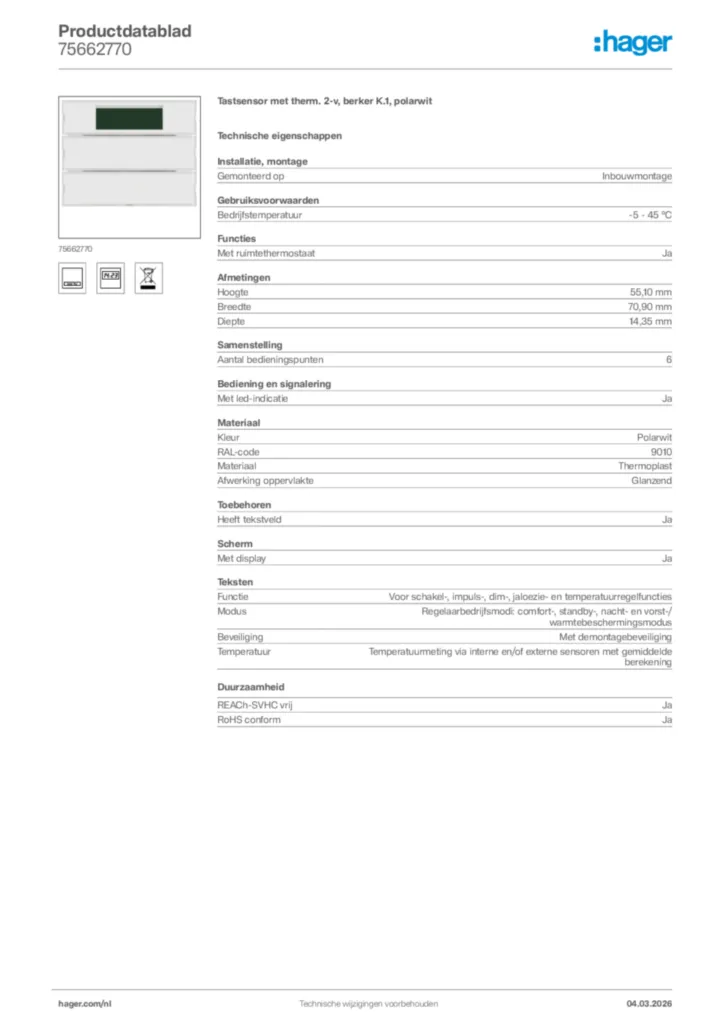 Afbeelding Hager Productdatablad 75662770 | Hager Nederland