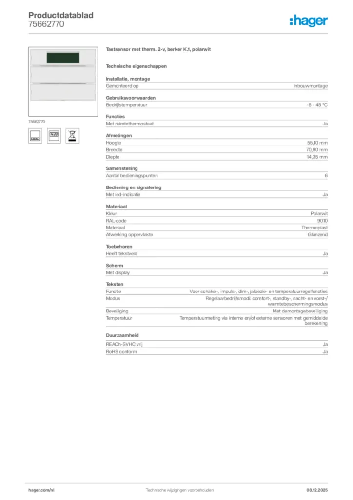 Afbeelding Hager Productdatablad 75662770 | Hager Nederland