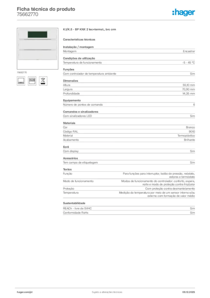 Imagem Hager Ficha técnica do produto 75662770 | Hager Portugal