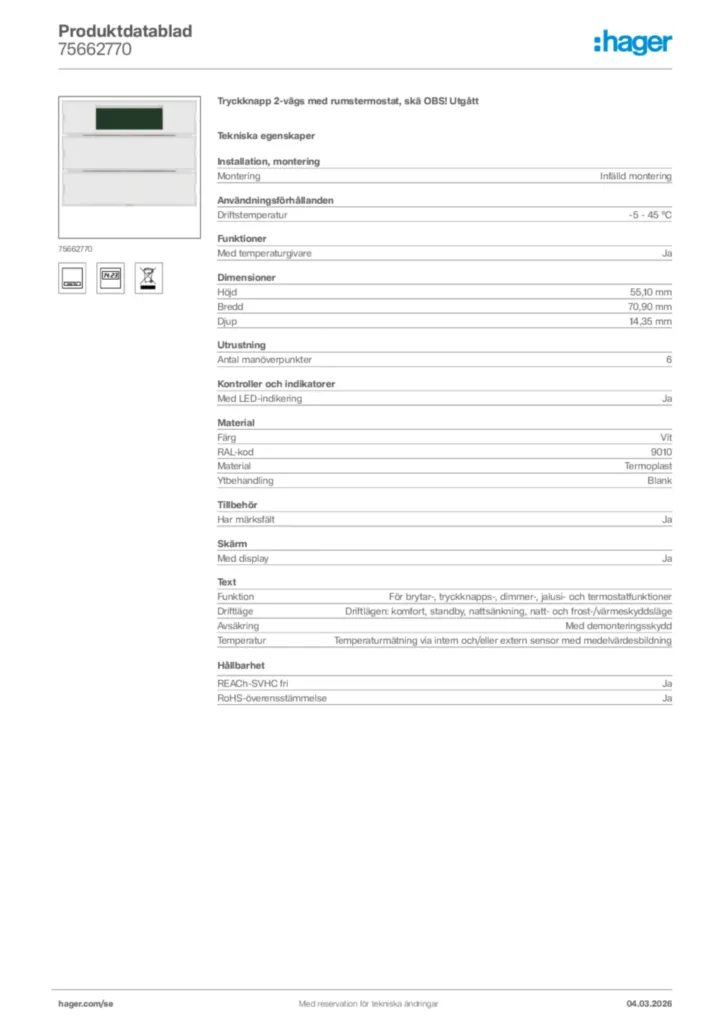 Bild Hager Produktdatablad 75662770 | Hager Sverige