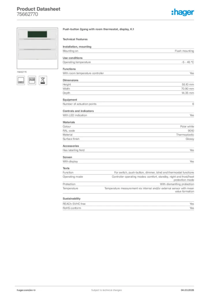 Image Hager Product data sheet 75662770  | Hager