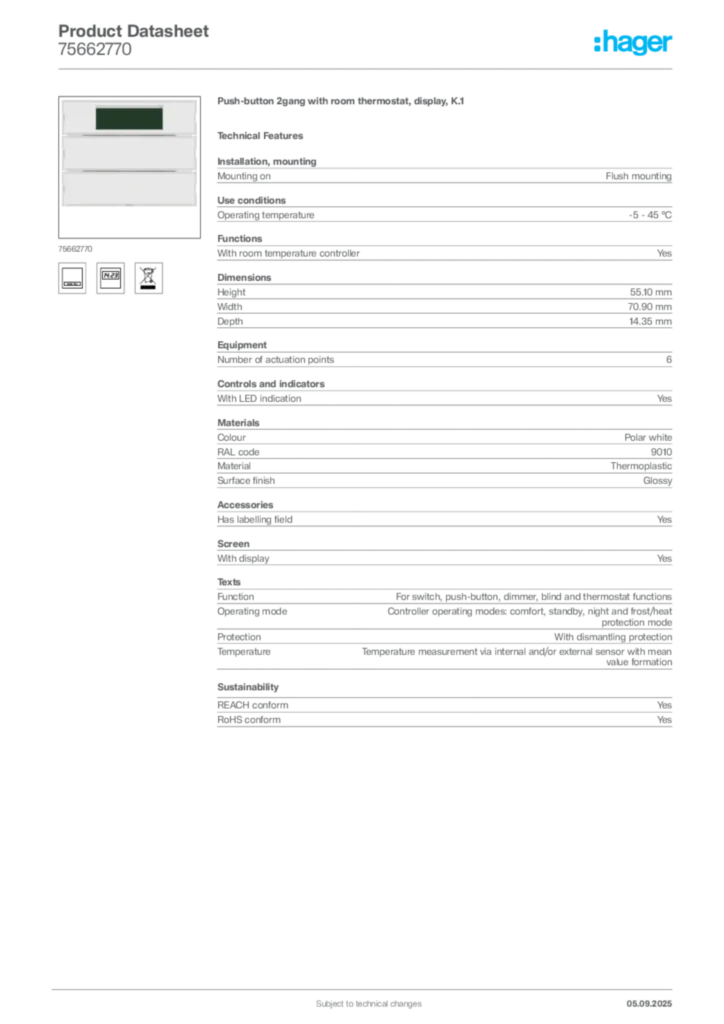 Image Hager Product data sheet 75662770  | Hager