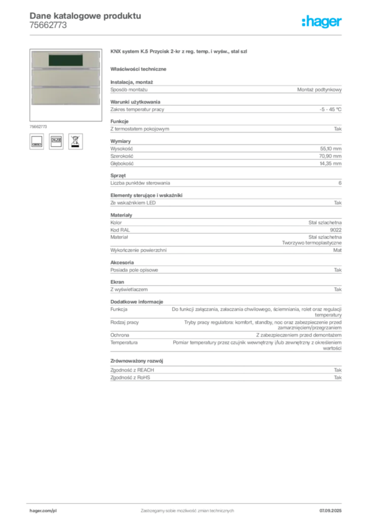 Zdjęcie Hager Dane katalogowe produktu 75662773 | Hager Polska