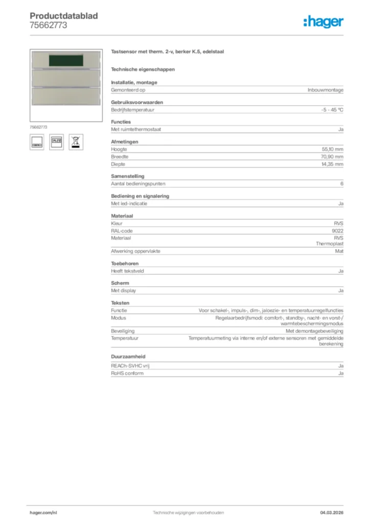 Afbeelding Hager Productdatablad 75662773 | Hager Nederland