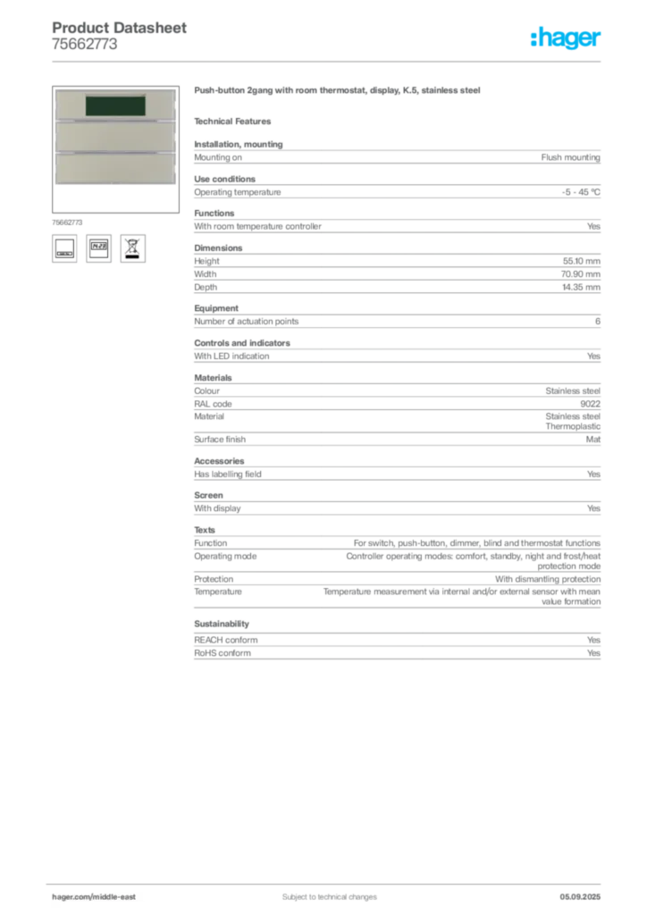 Image Hager Product data sheet 75662773  | Hager