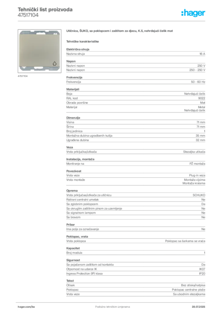 Slika Hager Product data sheet 47517104  | Hager