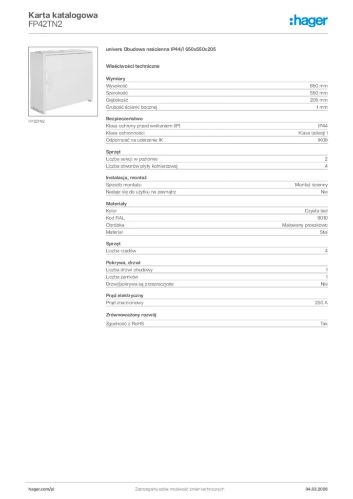 Zdjęcie Hager Karta katalogowa FP42TN2 | Hager Polska