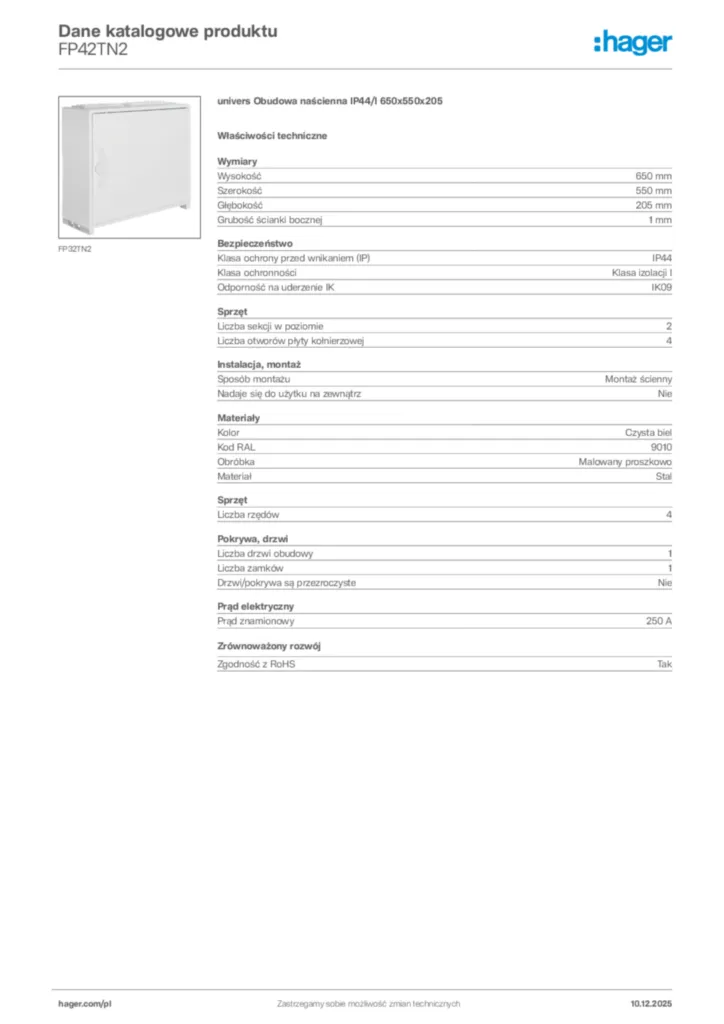 Zdjęcie Hager Dane katalogowe produktu FP42TN2 | Hager Polska