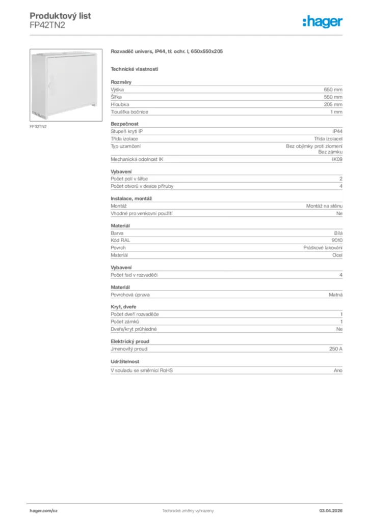 Obrázek Hager Product data sheet FP42TN2 | Hager