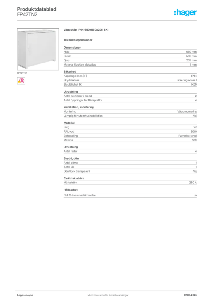 Bild Hager Produktdatablad FP42TN2 | Hager Sverige