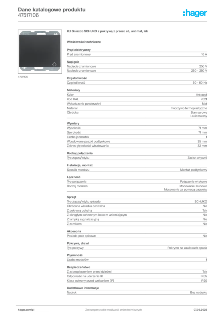 Zdjęcie Hager Dane katalogowe produktu 47517106 | Hager Polska