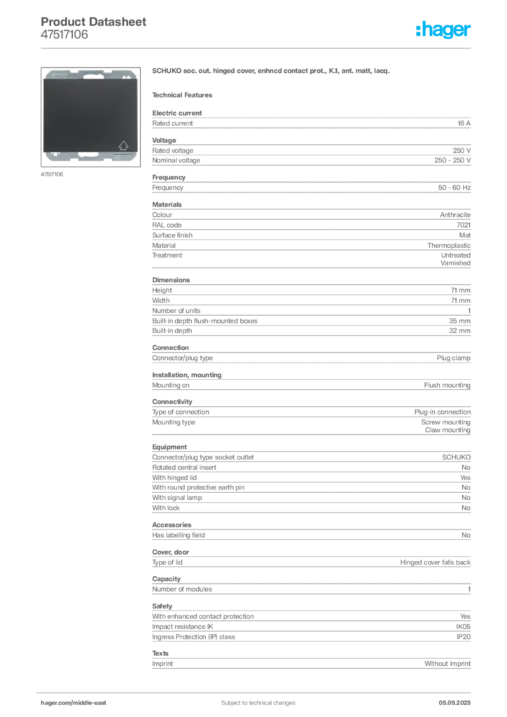 Image Hager Product data sheet 47517106  | Hager