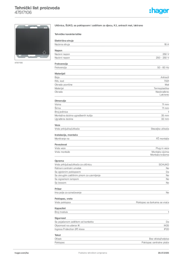 Slika Hager Product data sheet 47517106  | Hager