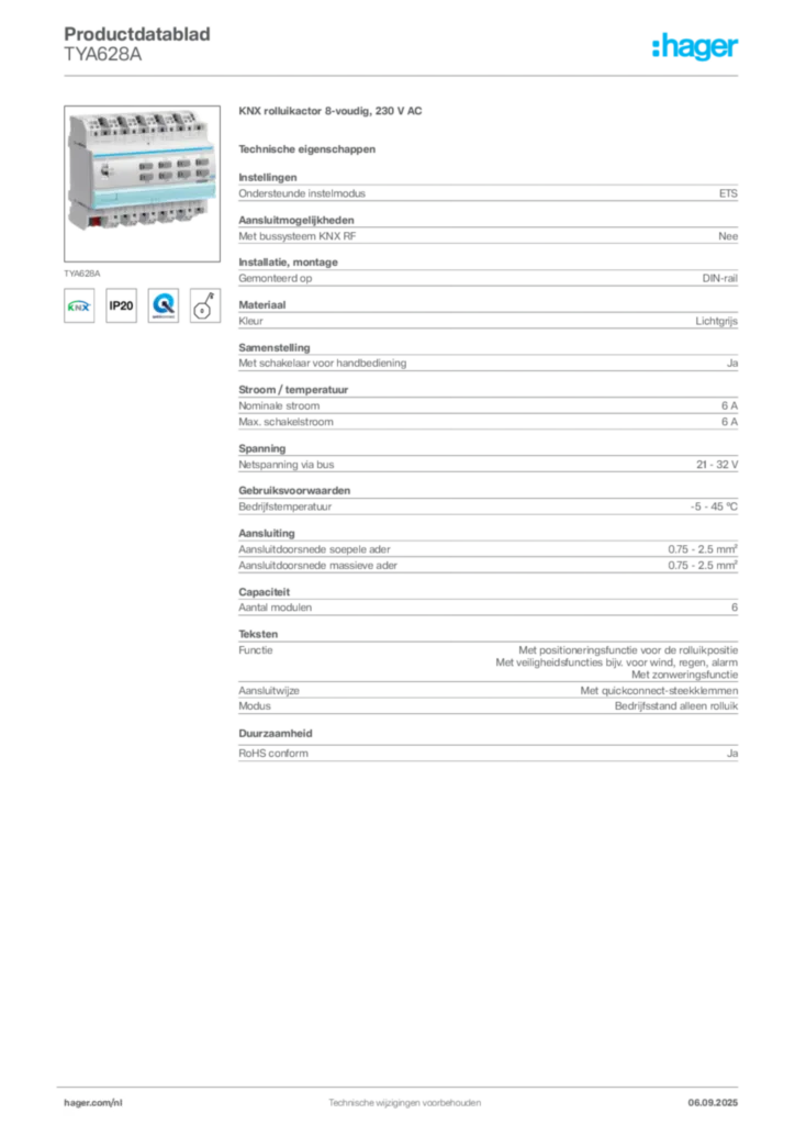 Afbeelding Hager Productdatablad TYA628A | Hager Nederland