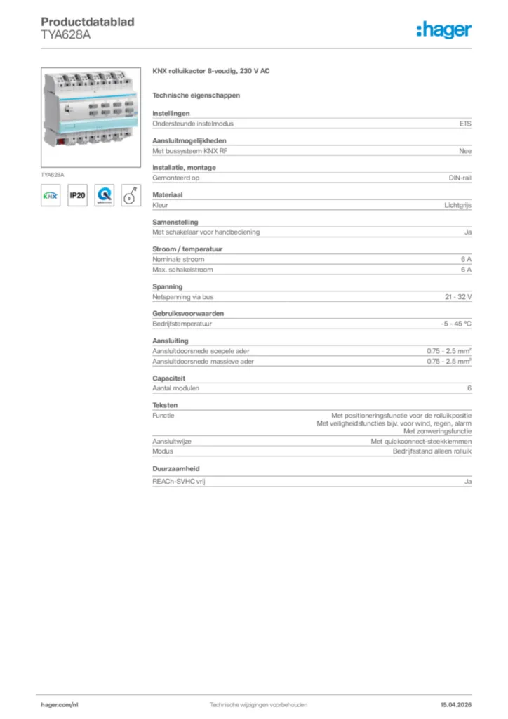 Afbeelding Hager Productdatablad TYA628A | Hager Nederland
