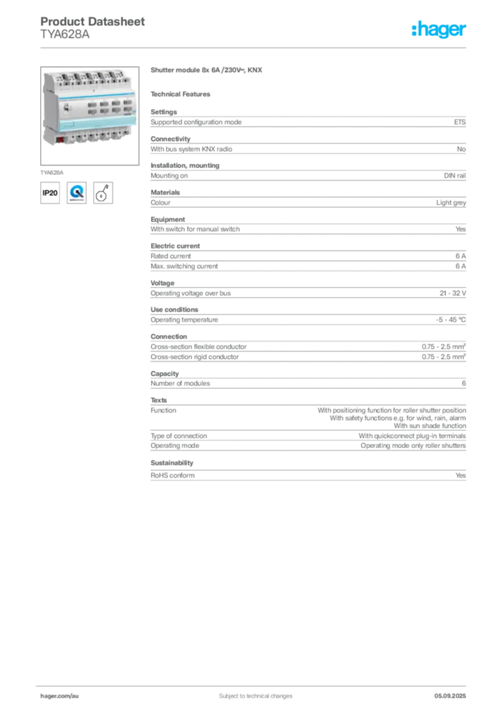 Image Hager Product data sheet TYA628A  | Hager Australia