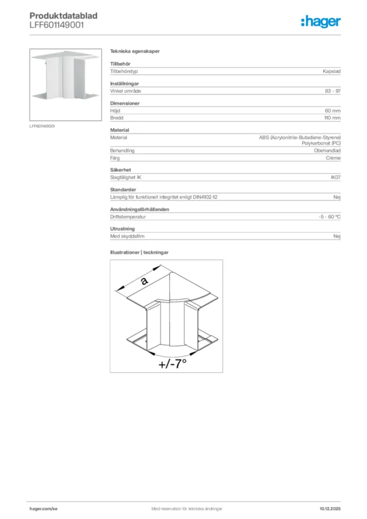 Bild Hager Produktdatablad LFF601149001 | Hager Sverige