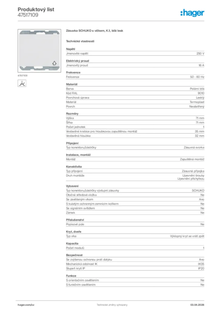 Obrázek Hager Product data sheet 47517109 | Hager