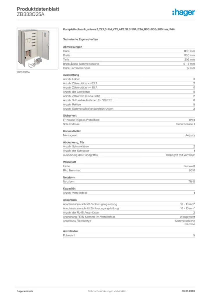 Bild Hager Produktdatenblatt ZB333Q25A | Hager Deutschland