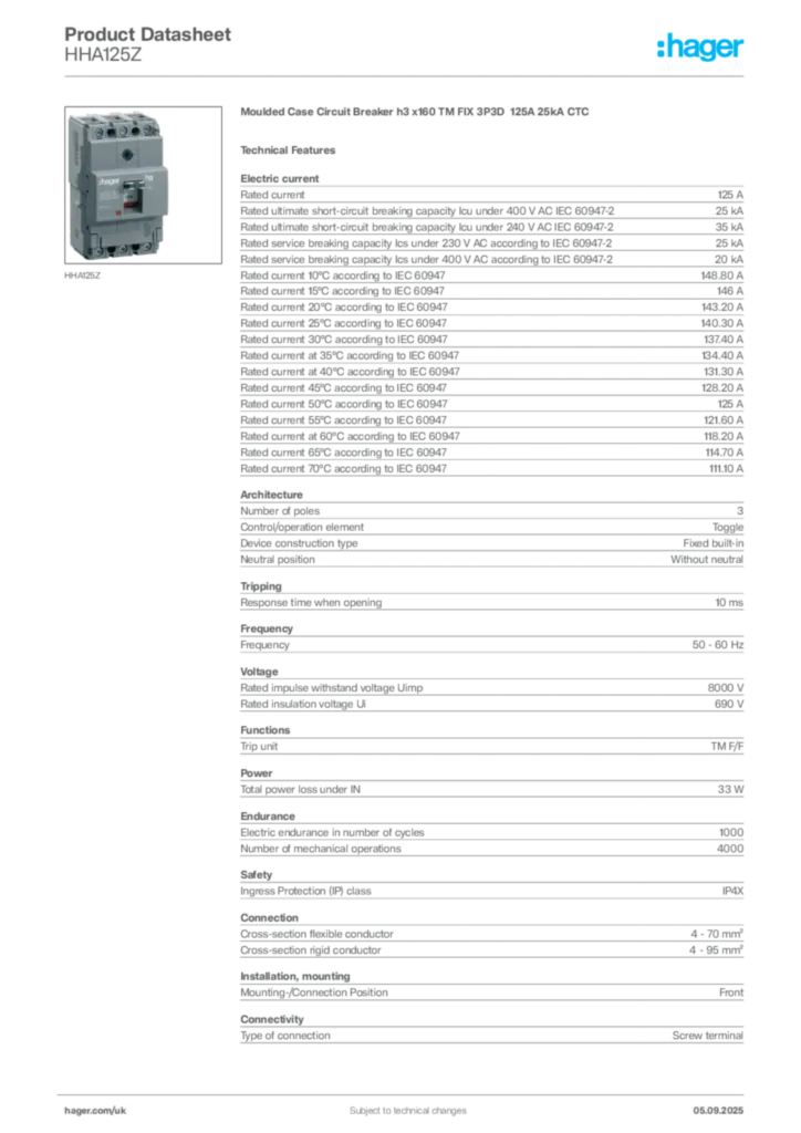 Image Hager Product data sheet HHA125Z  | Hager