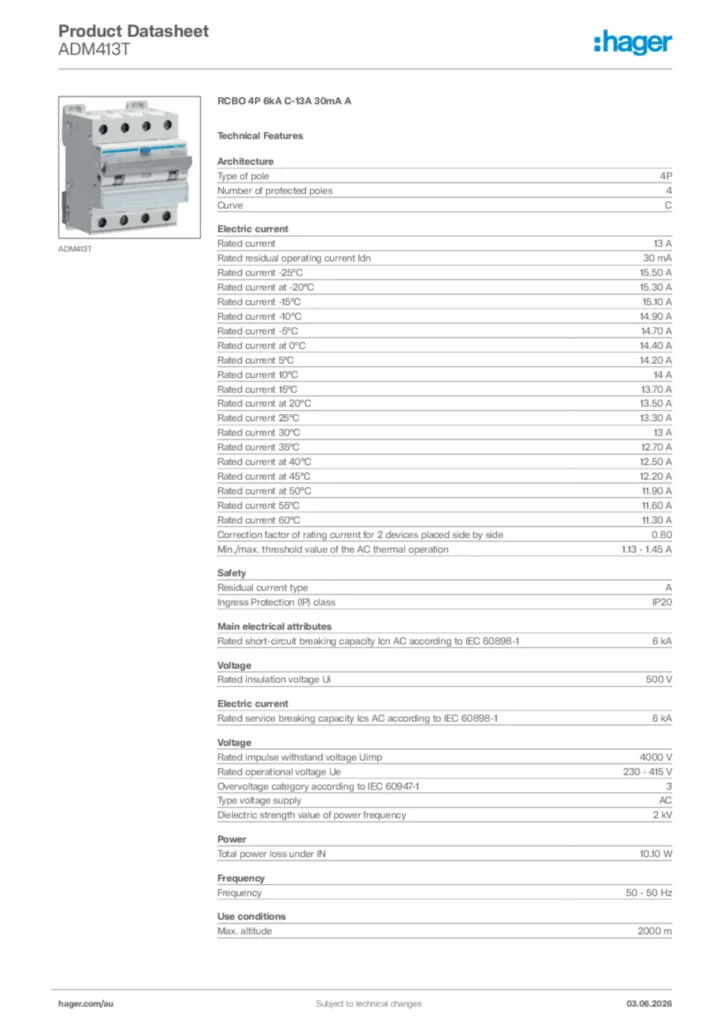 Image Hager Product data sheet ADM413T  | Hager Australia