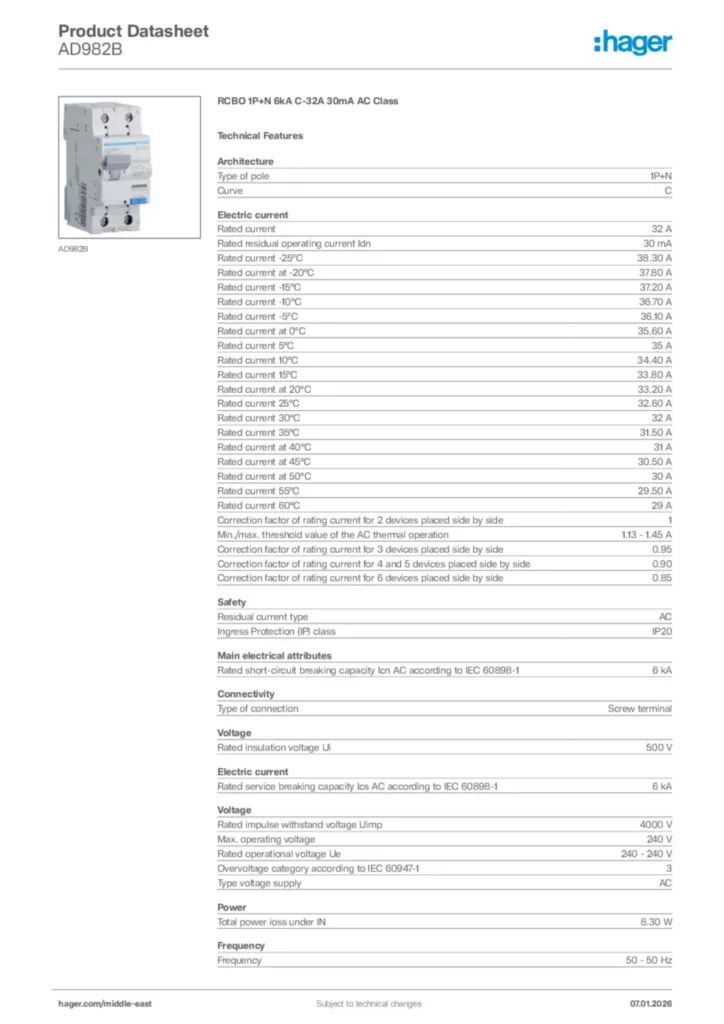 Image Hager Product data sheet AD982B  | Hager