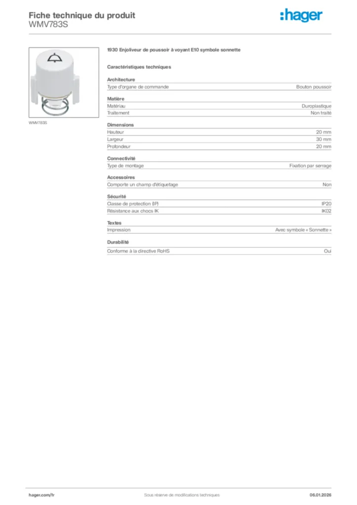 Image Hager Fiche technique du produit WMV783S | Hager France