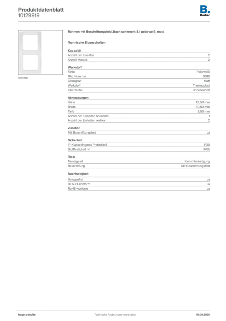Bild Berker Produktdatenblatt 10129919 | Hager Deutschland