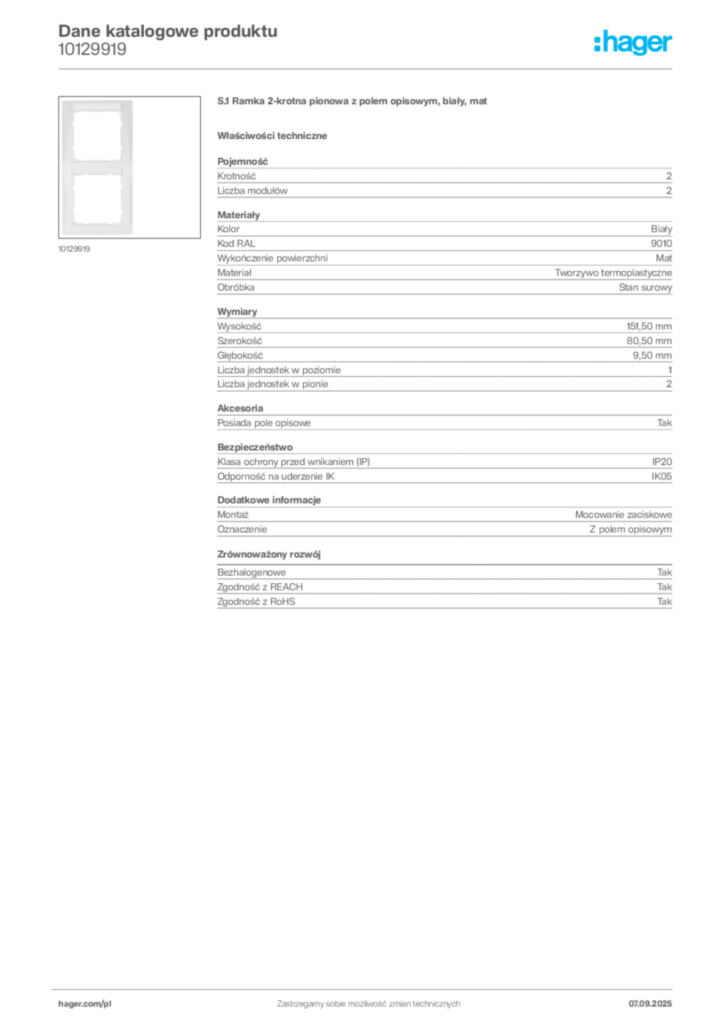 Zdjęcie Hager Dane katalogowe produktu 10129919 | Hager Polska