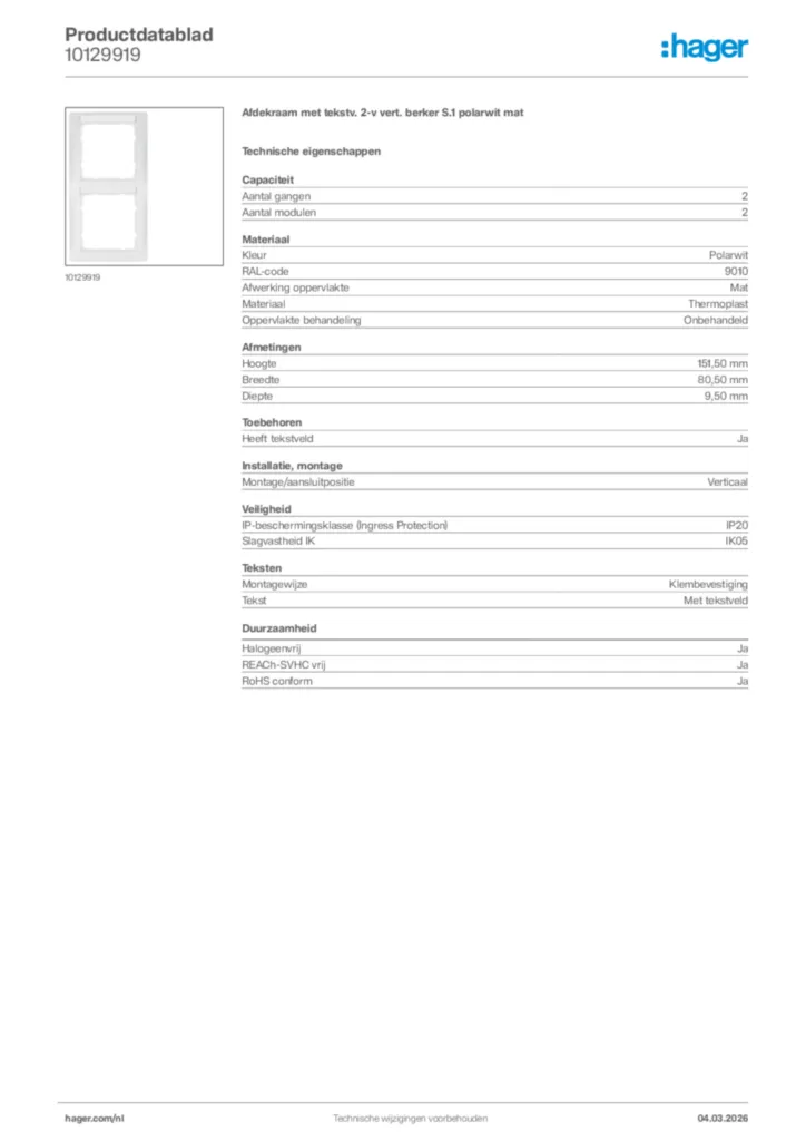 Afbeelding Hager Productdatablad 10129919 | Hager Nederland