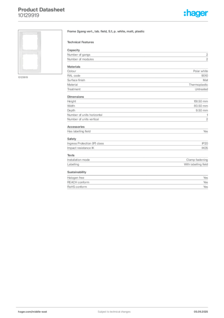 Image Hager Product data sheet 10129919  | Hager