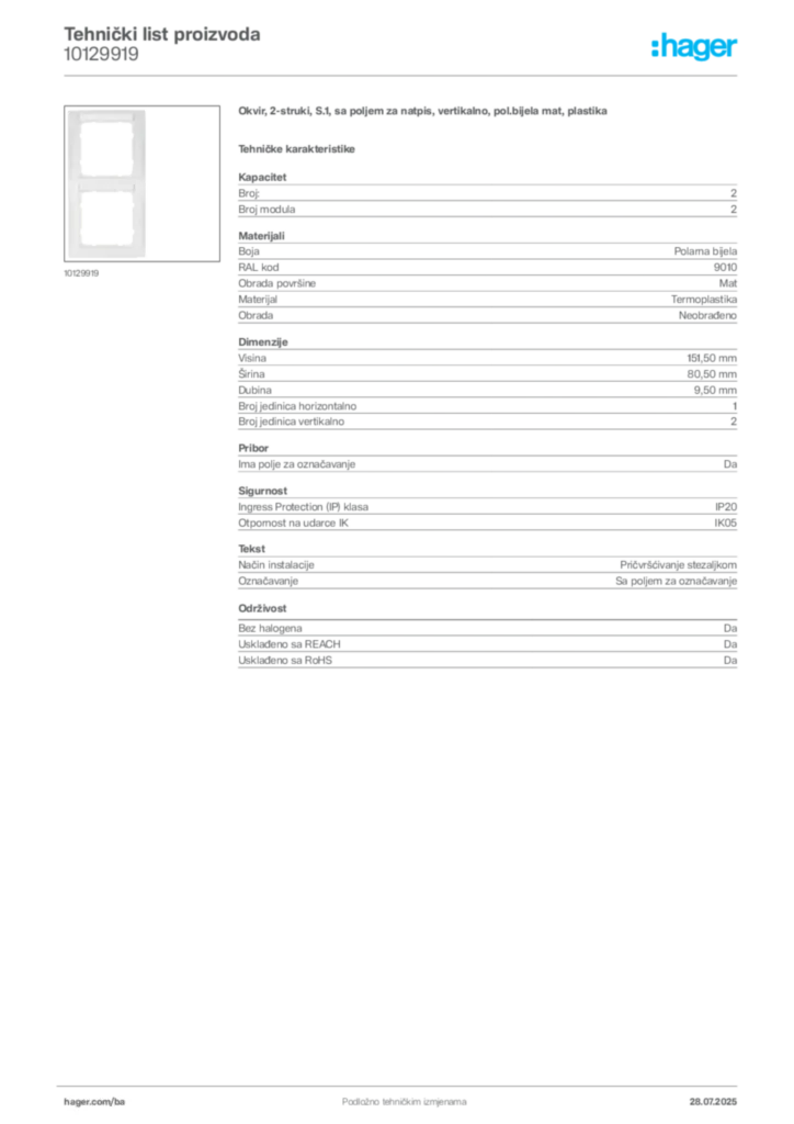 Slika Hager Product data sheet 10129919  | Hager