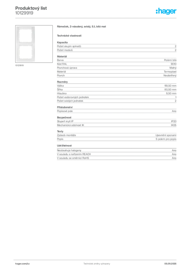 Obrázek Hager Produktový list 10129919 | Hager