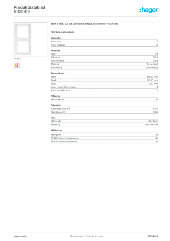 Bild Hager Produktdatablad 10129919 | Hager Sverige