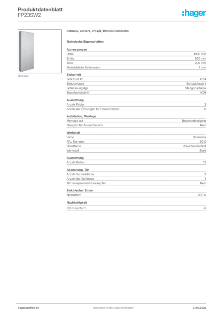 Bild Hager Produktdatenblatt FP23SW2 | Hager Schweiz