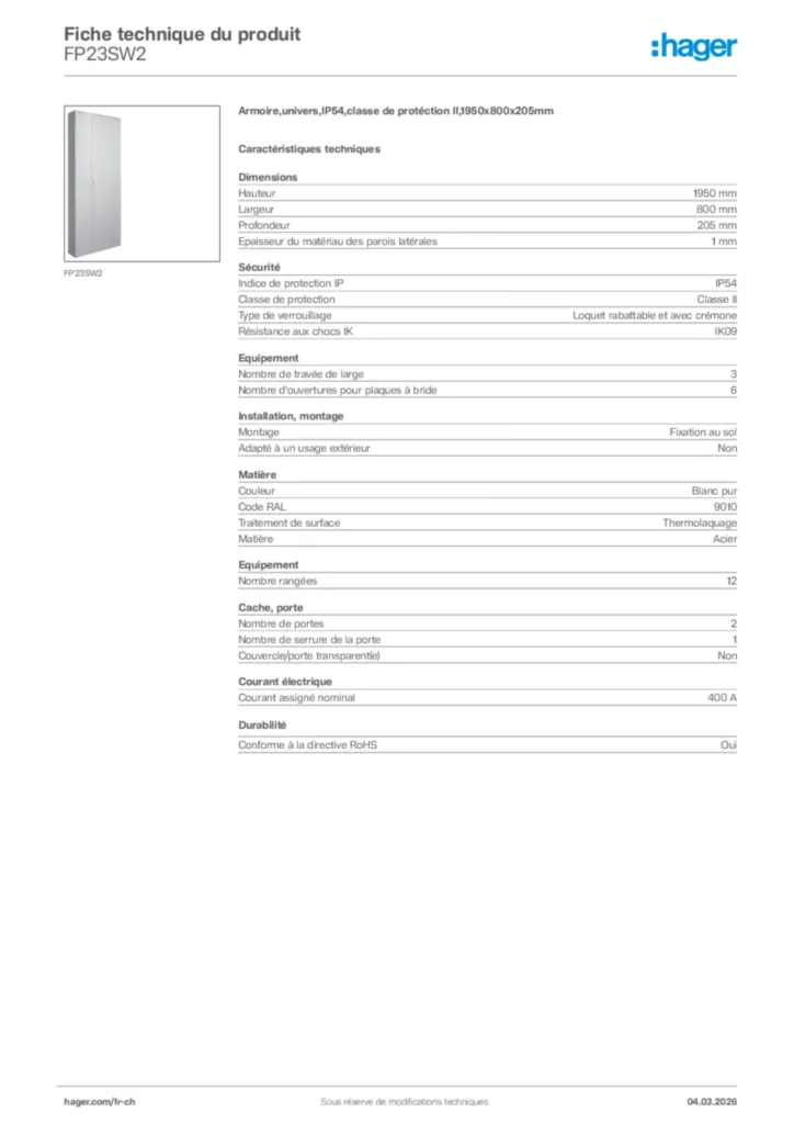 Image Hager Fiche technique du produit FP23SW2 | Hager Suisse