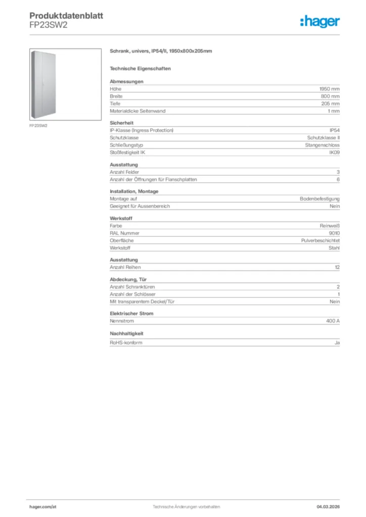 Bild Hager Produktdatenblatt FP23SW2 | Hager Deutschland