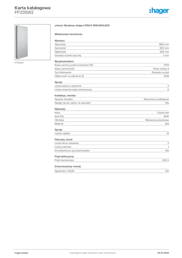 Zdjęcie Hager Karta katalogowa FP23SW2 | Hager Polska
