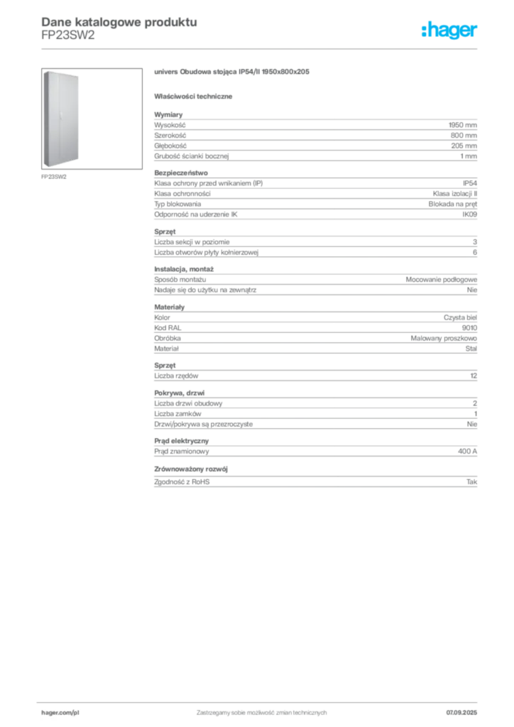 Zdjęcie Hager Dane katalogowe produktu FP23SW2 | Hager Polska