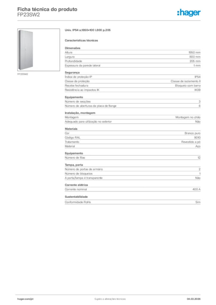 Imagem Hager Ficha técnica do produto FP23SW2 | Hager Portugal