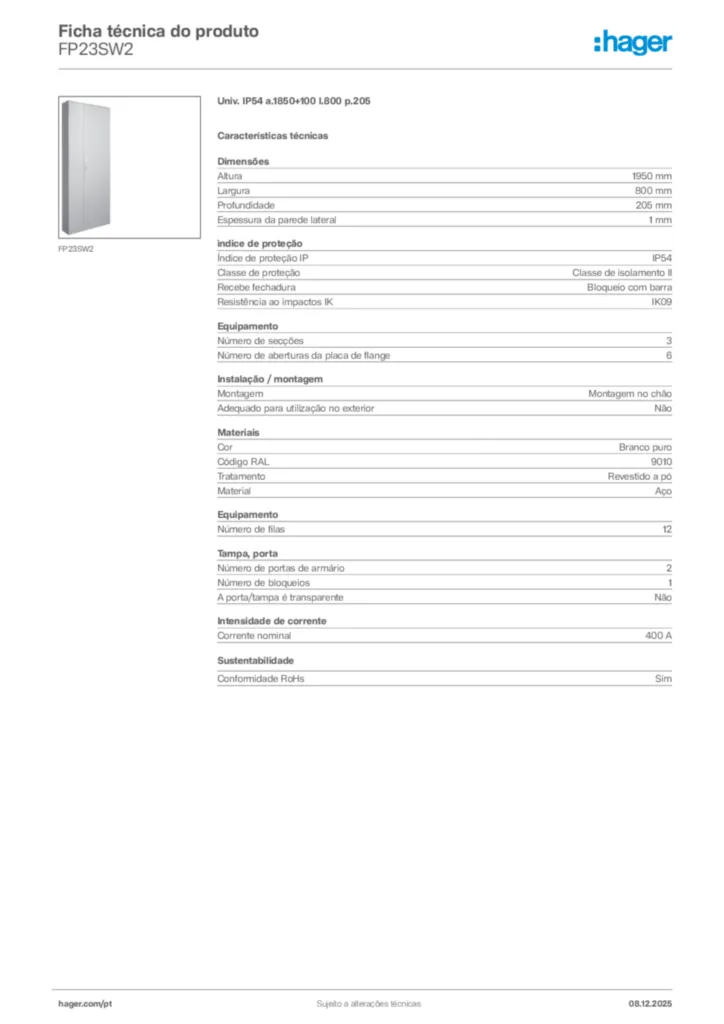 Imagem Hager Ficha técnica do produto FP23SW2 | Hager Portugal