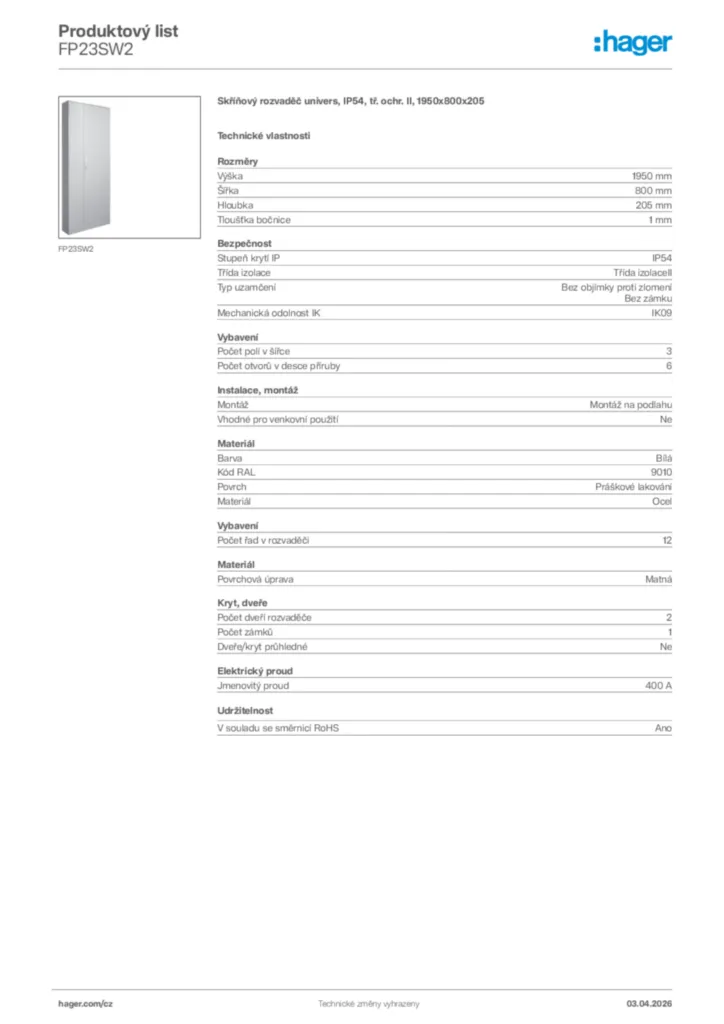 Obrázek Hager Product data sheet FP23SW2 | Hager