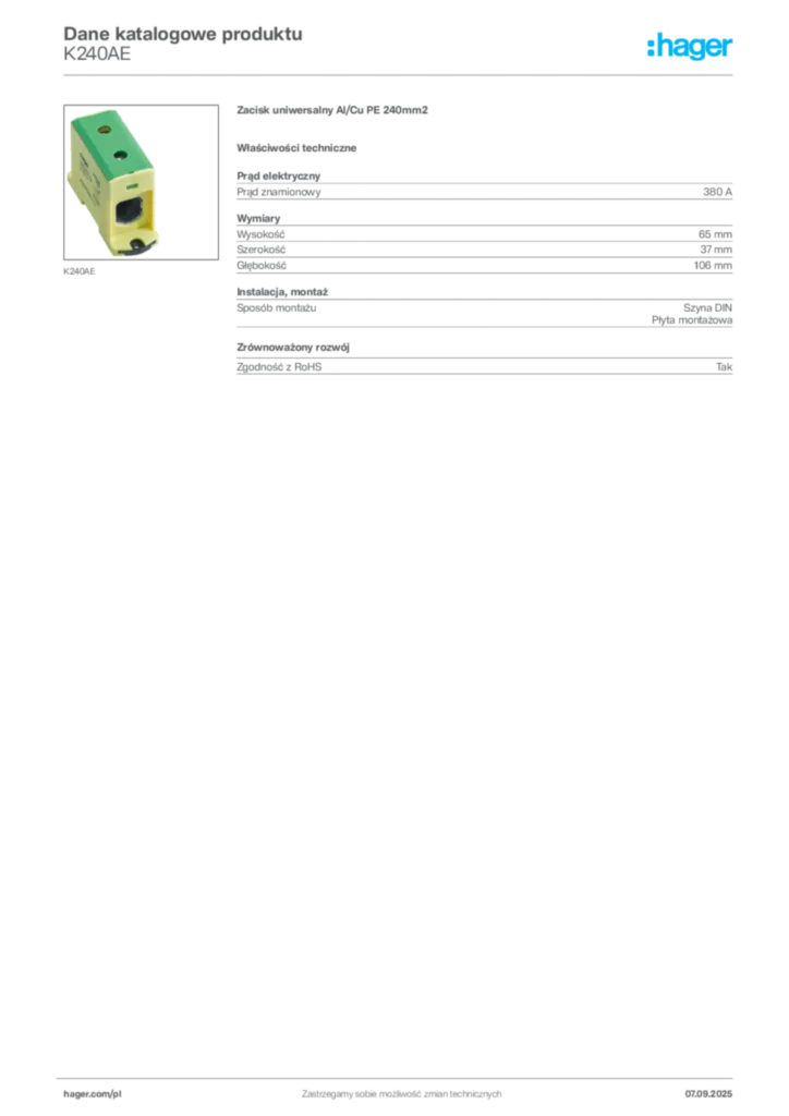 Zdjęcie Hager Dane katalogowe produktu K240AE | Hager Polska