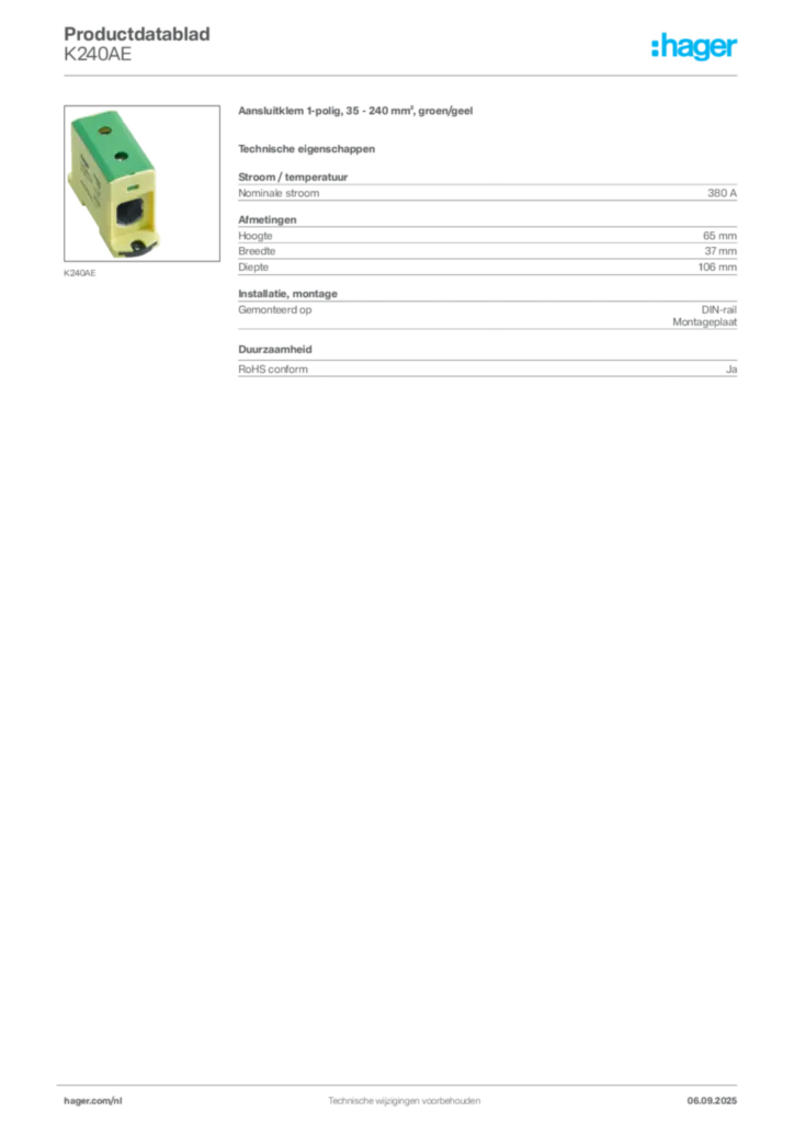 Afbeelding Hager Productdatablad K240AE | Hager Nederland